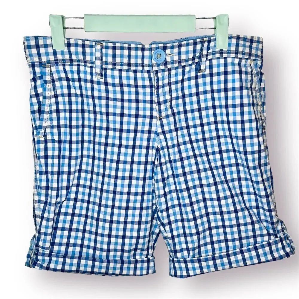 American Eagle Outfitters White Blue Plaid Roll Tab Bermuda Cotton Shorts Size 8